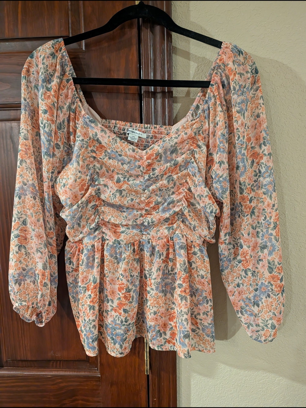 American Apparel Peach and Blue Floral Smocked Peasant Top